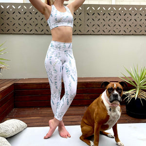 Australian ethical and sustainable activewear matching set made from recycled plastic materials. Eucalyptus leaf print 7/8 ankle length leggings.