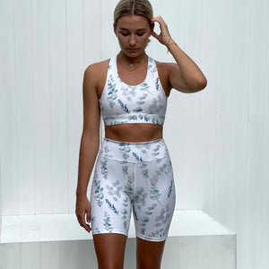Australian ethical and sustainable activewear matching set made from recycled plastic materials. Eucalyptus leaf print sports bra.